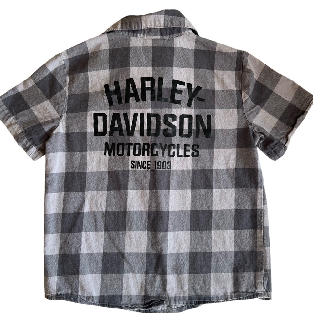 Harley-Davidson Gray Buffalo Plaid Button Down Shirt Boys Size 6-7